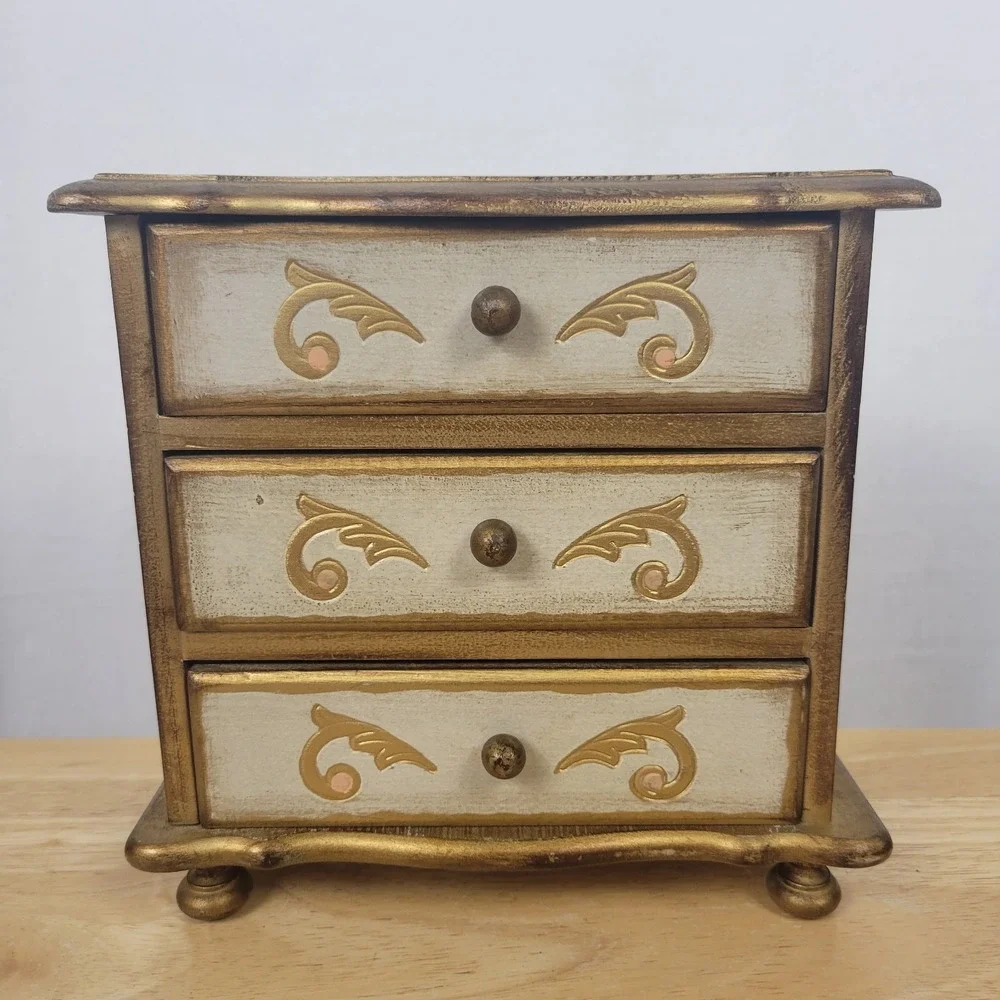 Vintage Florentine Musical Jewelry Box Gold Gilt Wood 3 Drawer Italian Style